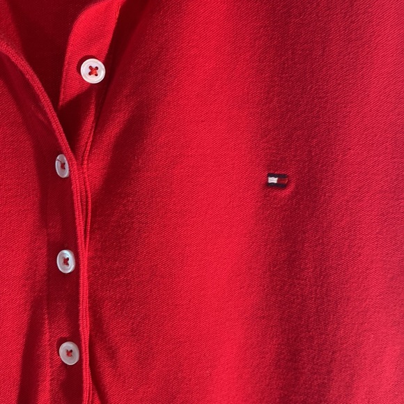 Tommy Hilfiger red polo style shirt with white logo trimmed shoulders & collar - Picture 3 of 7